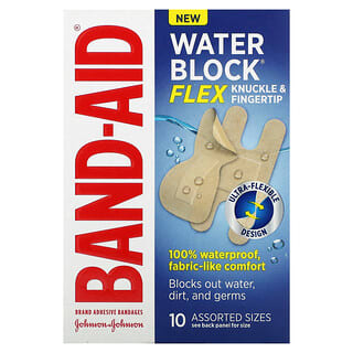 Band Aid, Adhesive Bandages, Water Block, Flex, Knuckle & Fingertip, Assorted Sizes, 10 Bandages
