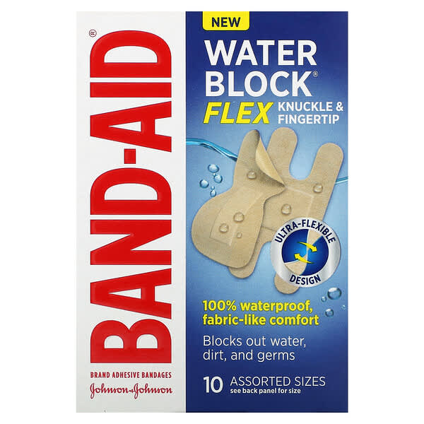 Band Aid, Adhesive Bandages, Water Block, Flex, Knuckle &amp; Fingertip, 10 Assorted Sizes