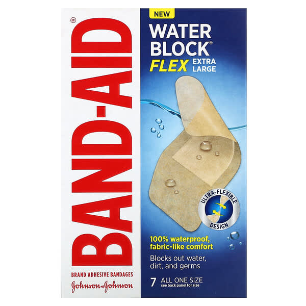 Band Aid, Adhesive Bandages, Water Block, Flex, Extra Large, 7 Bandages