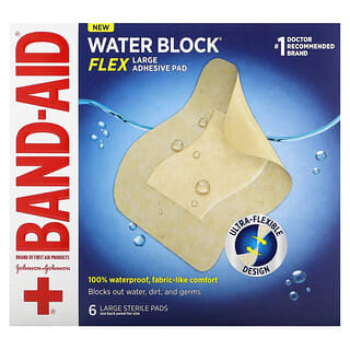 Band Aid, Klebebandagen, Water Block Flex, großes Klebepad, 6 Pads