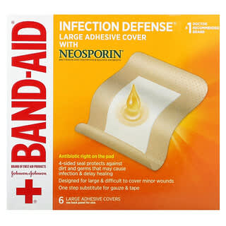Band Aid, Curativos Adesivos, Proteção contra Infecções com Neosporina, Grandes, 6 Capas Adesivas