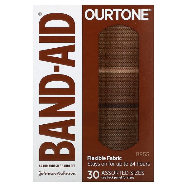 Band Aid, Adhesive Bandages, Ourtone, Flexible Fabric, BR55, 30 Assorted Sizes