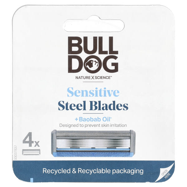 Bulldog Skincare For Men, 센시티브 스틸 면도날 + 바오밥 오일, 카트리지 4개
