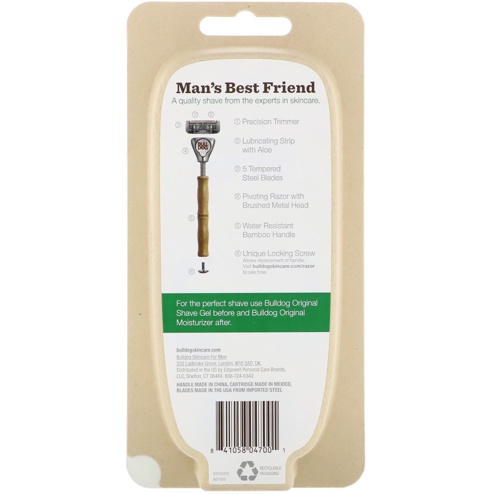 Bulldog Skincare For Men, Original Bamboo Razor, Two 5Blade Cartridges