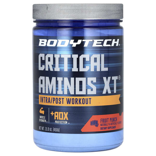 BodyTech, Critical Aminos XT，鍛鍊中/鍛鍊後，水果混合，15.9 盎司（450 克）