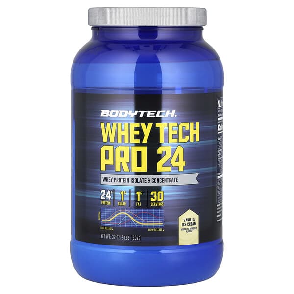 BodyTech, Whey Tech 프로 24, 바닐라 아이스크림, 907g(2lbs)