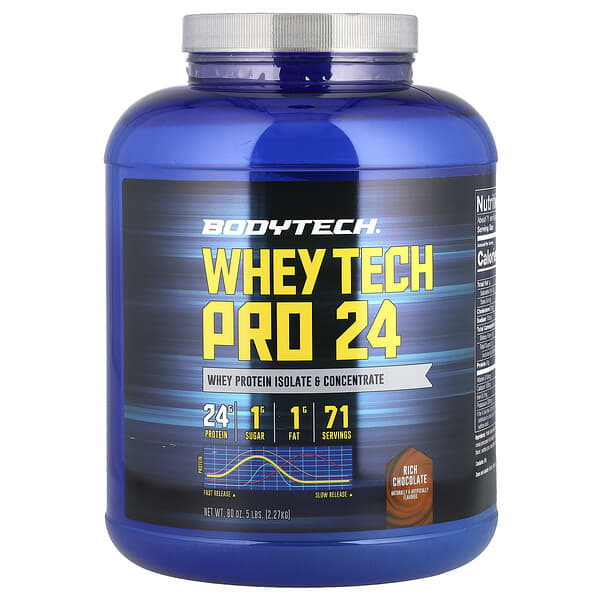 BodyTech, Whey Tech Pro 24, 리치 초콜릿, 2.27kg(5lbs)