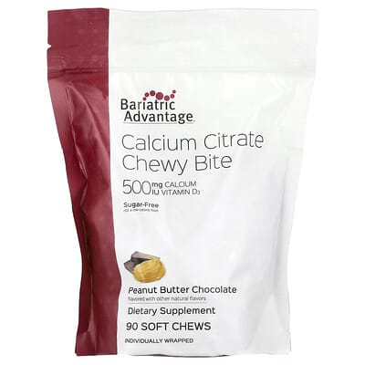 Bariatric Advantage, Chewy Bites Calcium Citrate Snacks, Sugar-Free, Peanut Butter Chocolate Flavor, 90 Soft Chewable Tablets