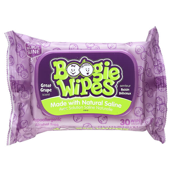 Boogie Wipes, 溫和生理鹽水擦鼻濕巾，葡萄香，30 片