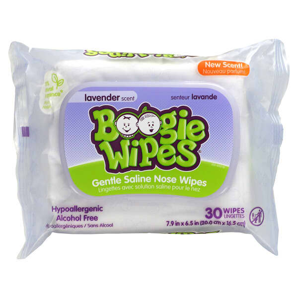 Boogie Wipes, やさしい生理食塩水鼻ワイプ、ラベンダーの香り、30枚