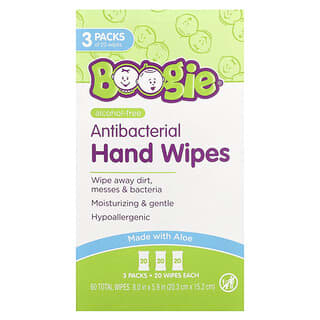 Boogie Wipes, Antibacterial Hand Wipes, Alcohol Free, 3 Packs, 20 Wipes Each