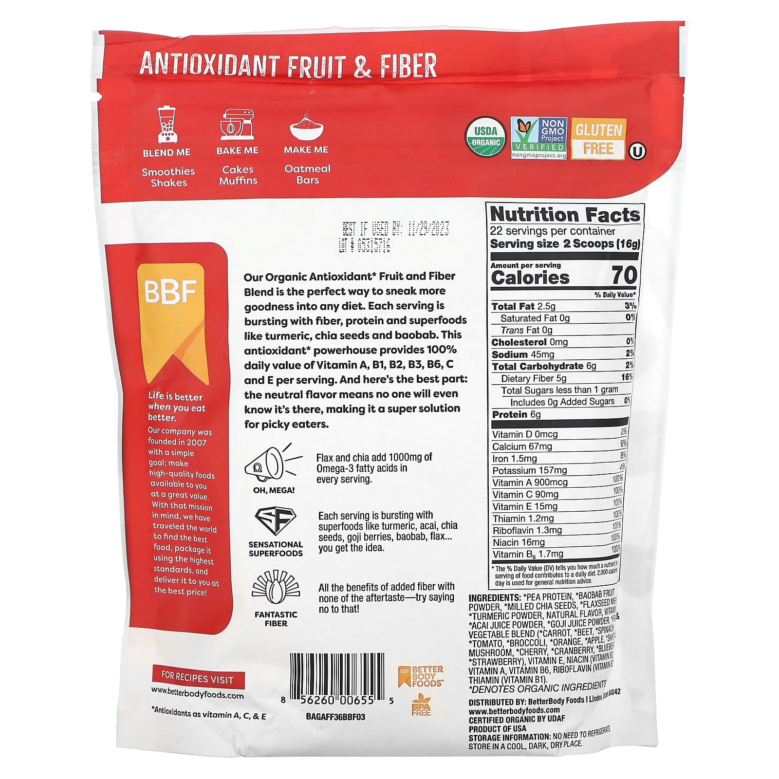 BetterBody Foods, Organic Antioxidant Fruit & Fiber with Turmeric, 12.7