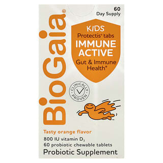 BioGaia, Enfants, Immunitaire actif avec L. Reuteri + Vitamine D, Orange, 60 comprimés de probiotiques à croquer