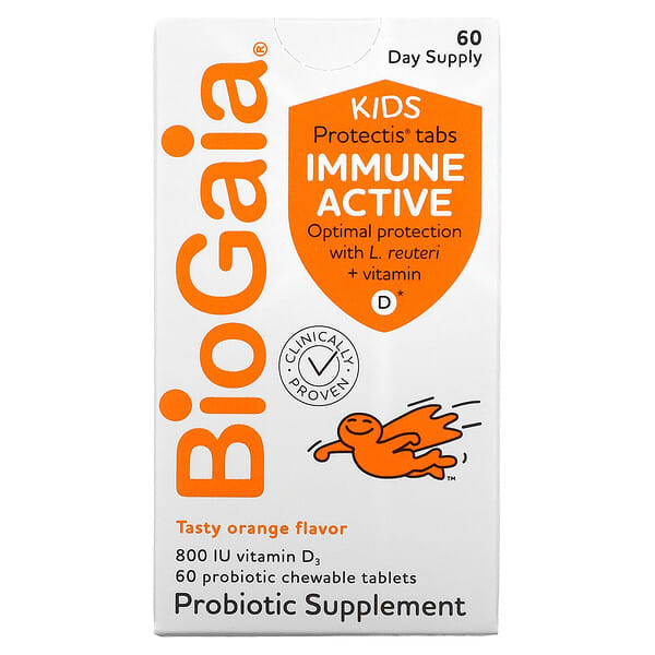 BioGaia, Kids, Immune Active with L. Reuteri + Vitamin D, Orange, 60 Probiotic Chewable Tablets