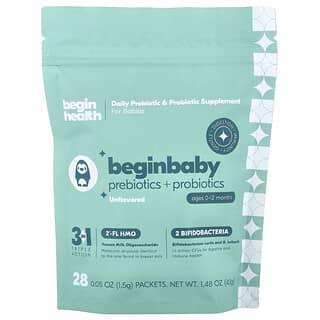Begin Health, Prebióticos + Probióticos para Bebês Beginbaby, Idades de 0 a 12 Meses, Sem Sabor, 28 Embalagens, 1,5 g (0,05 oz) Cada