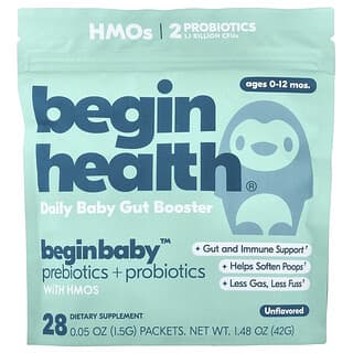 Begin Health, Niños, Prebióticos y probióticos Beginbaby, De 0 a 12 meses, Sin sabor, 28 sobres, 1,5 g (0,05 oz) cada uno