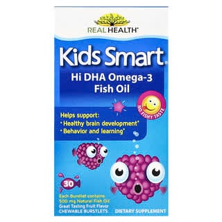 Bioglan, Kids Smart, Huile de poisson riche en oméga-3 Hi DHA, Arôme délicieux de fruits, 30 comprimés explosifs à croquer