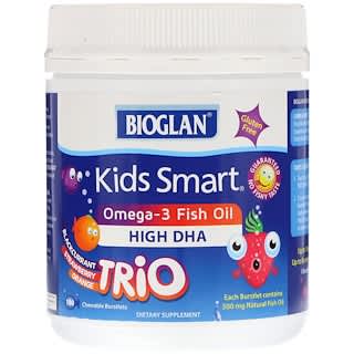 Bioglan, Kids Smart, рыбий жир с омега-3 жирными кислотами, черная смородина, клубника, апельсины, 180 жевательных капсул, лопающихся во рту