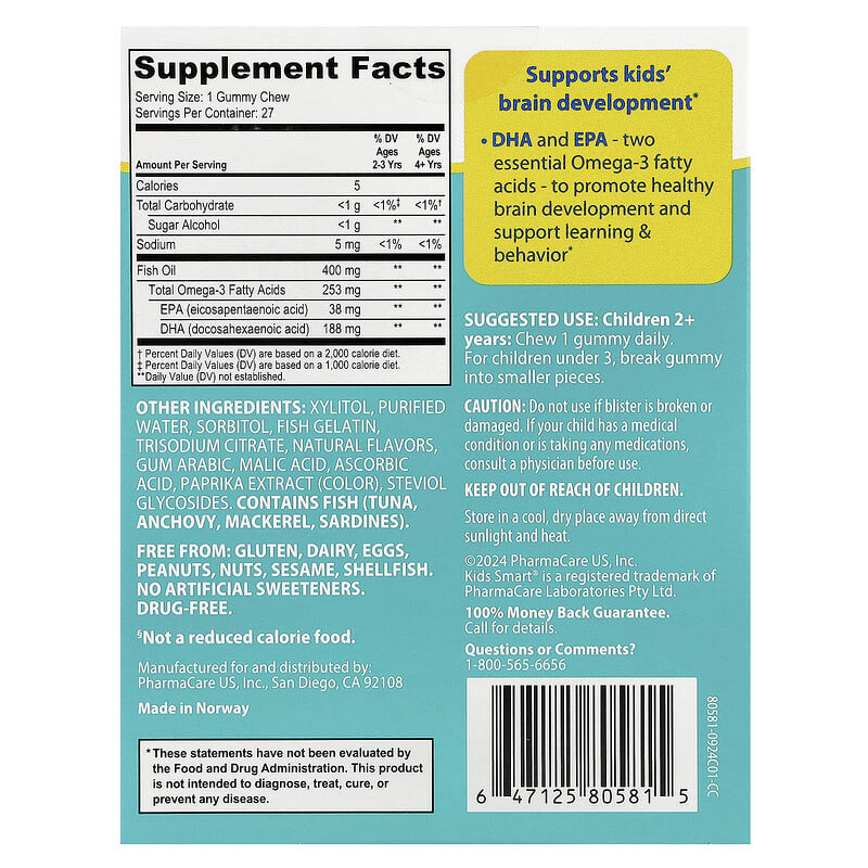 Купить Kids Smart, Vita Gummies, Brain Booster, добавка для поддержки мозга, без сахара, для детей от 2 лет, с фруктовым вкусом, 27 жевательных таблеток