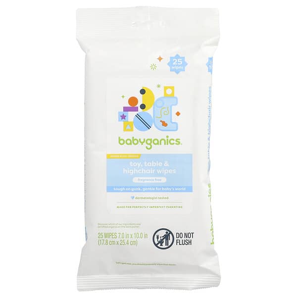 Babyganics, 玩具、餐桌和高腳椅溼巾，無香型，25 片