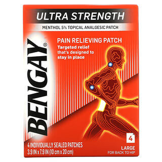 Bengay, Parche para aliviar el dolor ultra potencia, tamaño grande, 4 parches, 3.9 in x 7.9 in (10 cm x 20 cm)