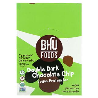 BHU Foods, Barretta proteica vegana, doppia scaglie di cioccolato fondente, 12 barrette, 45 g ciascuna