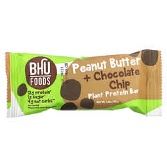 BHU Foods, Vegan Protein Bar, Peanut Butter + Chocolate Chip, 12 Bars, 1.6 oz (45 g) Each