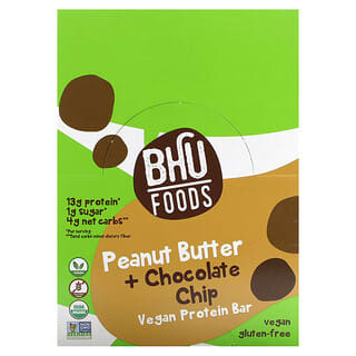 BHU Foods, Barre protéinée vegan, Beurre de cacahuètes et pépites de chocolat, 12 barres, 45 g chacune