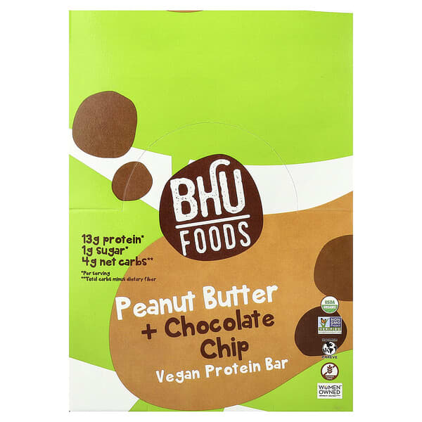 BHU Foods, 비건 프로틴바, 피넛버터 + 초콜릿 칩, 바 12개입, 개당 45g(1.6oz)
