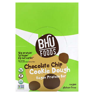BHU Foods, Barra de Proteína Vegana, Massa de Cookie com Lascas de Chocolate, 12 Barras, 45 g (1,6 oz) Cada