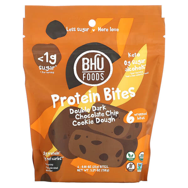 BHU Foods, 프로틴 바이츠, 더블 다크 초콜릿 칩 쿠키 도우, 6개, 개당 25g(0.88oz)