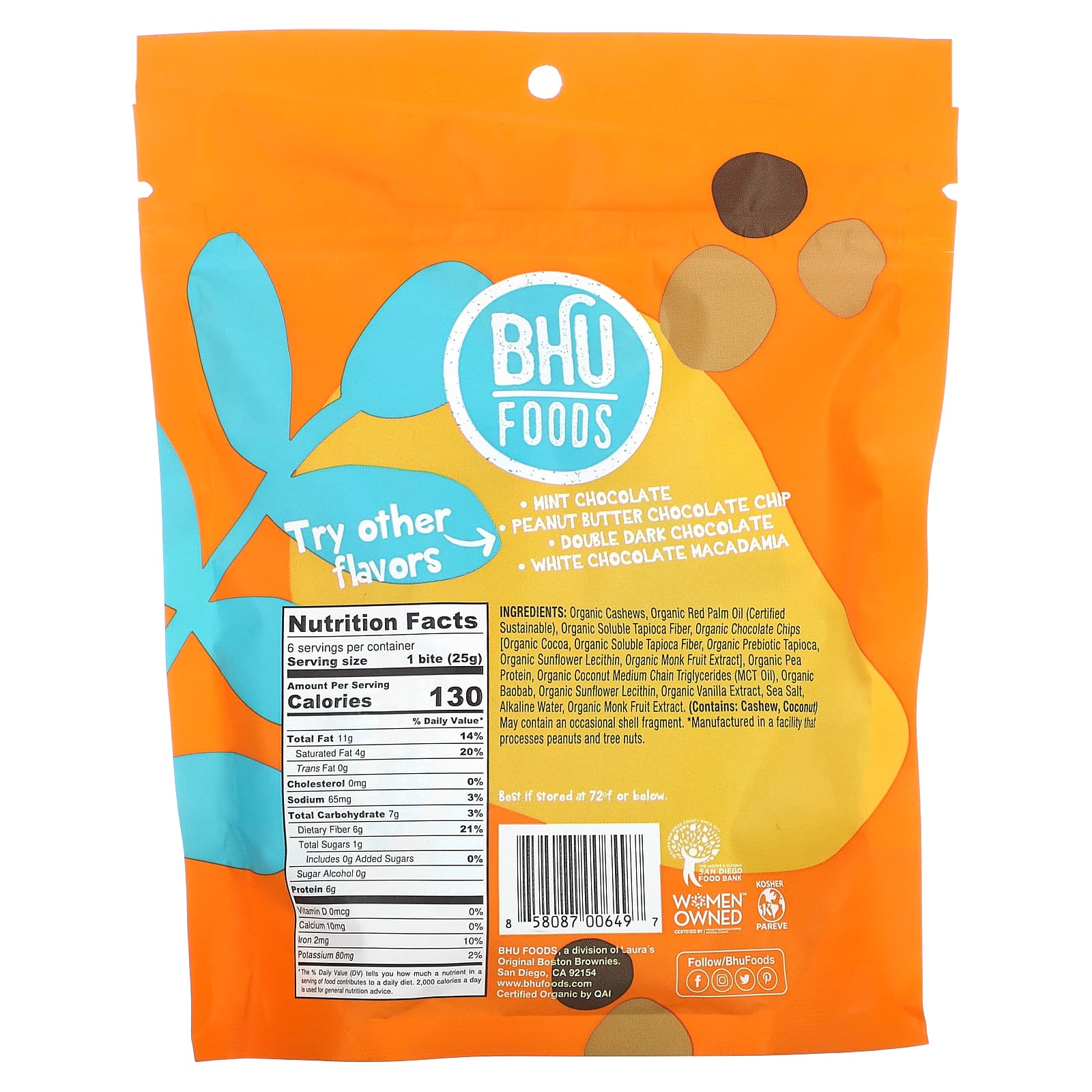 BHU Foods, Protein Bites, Chocolate Chip Cookie Dough, 6 Bites, 0.88 oz