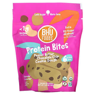 BHU Foods, Proteína Bites, Manteiga de Amendoim, Massa de Cookie com Lascas de Chocolate, 6 Bites, 0,88 oz (25 g) Cada