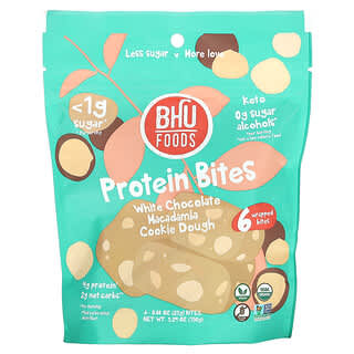 BHU Foods, Protein Bites, Biała czekolada z makadamią, masa ciasteczkowa 6 pakowanych, po 25 g