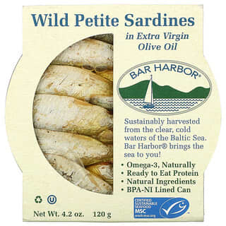 Bar Harbor, Маленькие дикие сардины в оливковом масле первого отжима, 120 г (4,2 унции)