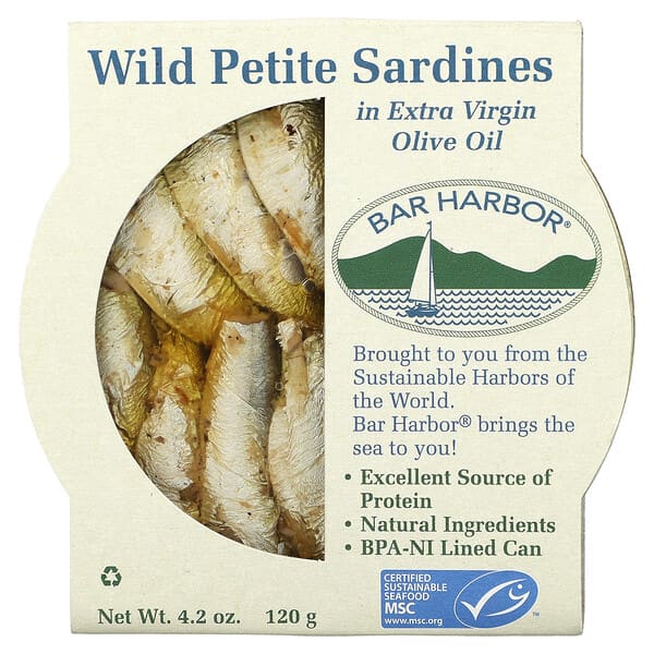 Bar Harbor, 野生娇小沙丁鱼，载于高级初榨橄榄油中，4.2 盎司（120 克）