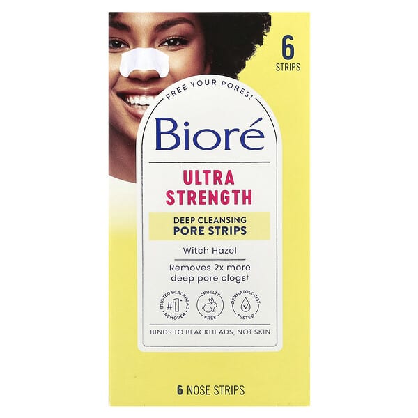 Biore, 딥 클렌징 모공 스트립, 울트라 스트렝스, 위치하젤, 코 스트립 6개