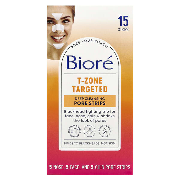 Biore, 딥 클렌징 모공 스트립, T-존 표적, 스트립 15개