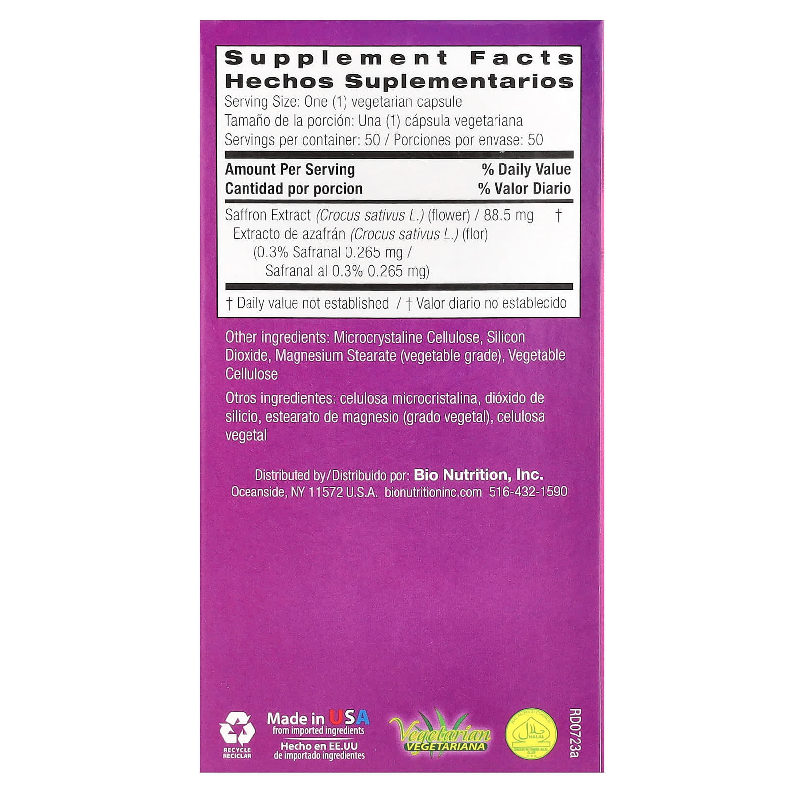 Bio Nutrition, Saffron Extract, 50 Vegetarian Capsules