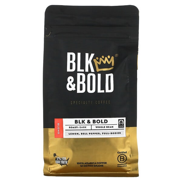 BLK & Bold, Café de spécialité, NOIR et gras, grains entiers, torréfaction foncée, 340 g