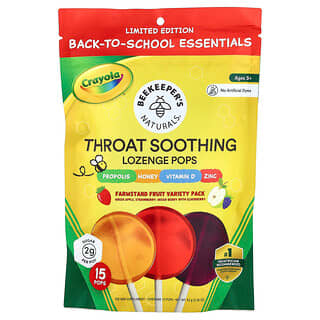 Beekeeper's Naturals, Kids Propolis Throat Soothing Lollipops, Propolis-Lutscher für den Hals, grüner Apfel, Erdbeere + gemischte Beeren mit Holunder, 15 Lutscher