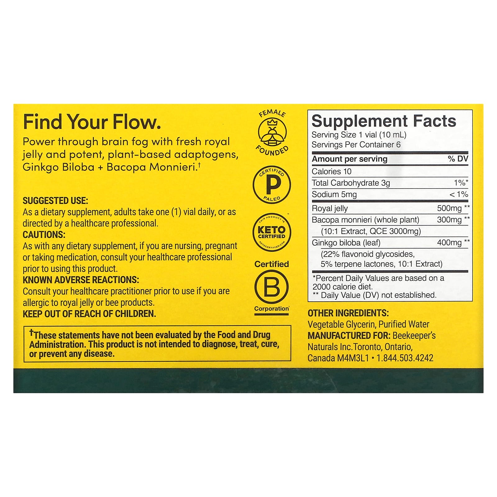 Beekeeper's Naturals, Royal Jelly Brain Fuel, 6 Vials, 0.35 fl oz (10