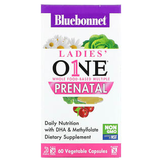 Bluebonnet Nutrition, Ladies' ONE Prenatal, Suplemento prenatal multivitamínico y multimineral a base de alimentos integrales para mujeres, 60 cápsulas vegetales
