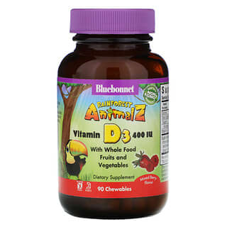 Bluebonnet Nutrition, Rainforest Animalz, Vitamina D3, Sabor natural a bayas mixtas, 400 UI, 90 comprimidos masticables