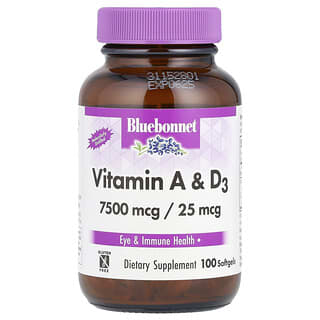 Bluebonnet Nutrition, Vitaminas A e D3, 100 Cápsulas Gelatinosas