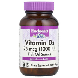 Bluebonnet Nutrition, Vitamina D3, 25 mcg (1.000 UI), 100 Cápsulas Softgel