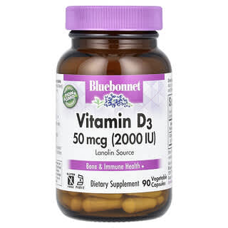 Bluebonnet Nutrition, Vitamina D3, 50 mcg (2.000 UI), 90 Cápsulas Vegetais