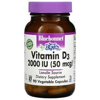 Bluebonnet Nutrition, Vitamina D3, 50 mcg (2000 UI), 90 cápsulas vegetales