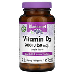 Bluebonnet Nutrition, Vitamina D3, 50 mcg (2000 UI), 180 cápsulas vegetales