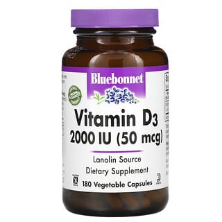 Bluebonnet Nutrition, витамин D3, 50 мкг (2000 МЕ), 180 растительных капсул